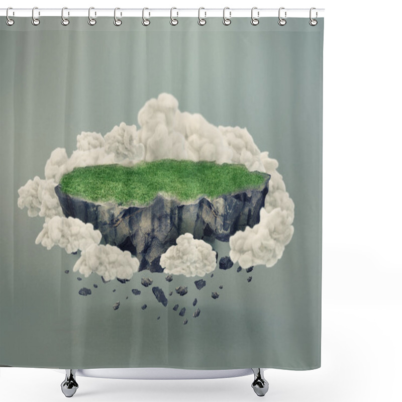 Personality  Rocky Island Covered By Grass Floating In Midair Shower Curtains