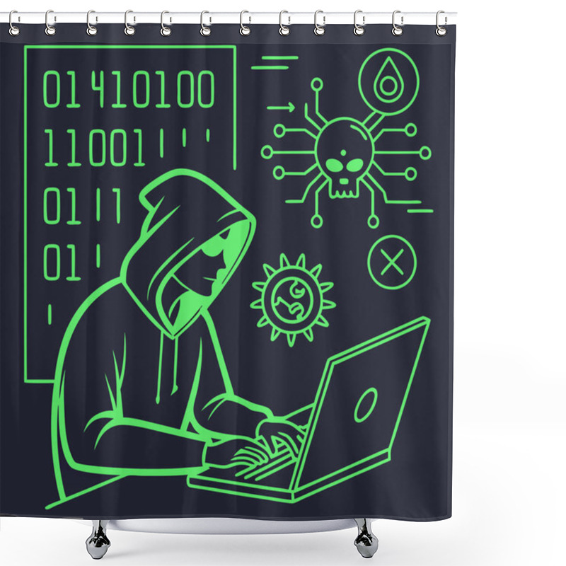 Personality  A Bold Vector Featuring Hacker Motifs In Neon Green Against Dark Backgrounds, Symbolizing Cybersecurity, Hacking Culture, And Technology. Shower Curtains