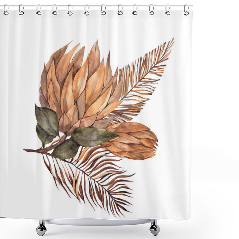 Personality  Watercolor Bouquet With Dried Flowers, Leaves, Pampas Grass, Protea, Banksia, Palm Leaf, Orchid And Rose, Isolated On White Background Shower Curtains