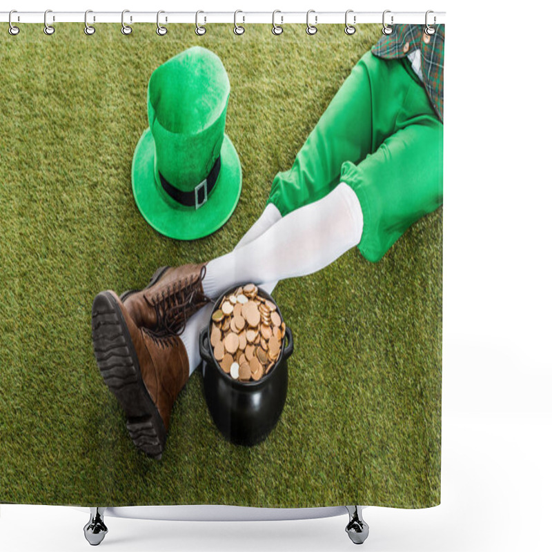 Personality  Cropped View Of Leprechaun With Hat And Pot Of Gold Sitting On Green Grass Shower Curtains