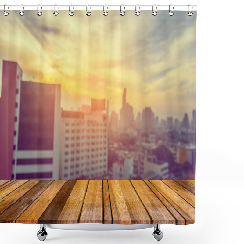 Personality  Vintage Tone Blur Image Of Bangkok Province,Thailand View From High Angle Spot And Wood Table. Shower Curtains