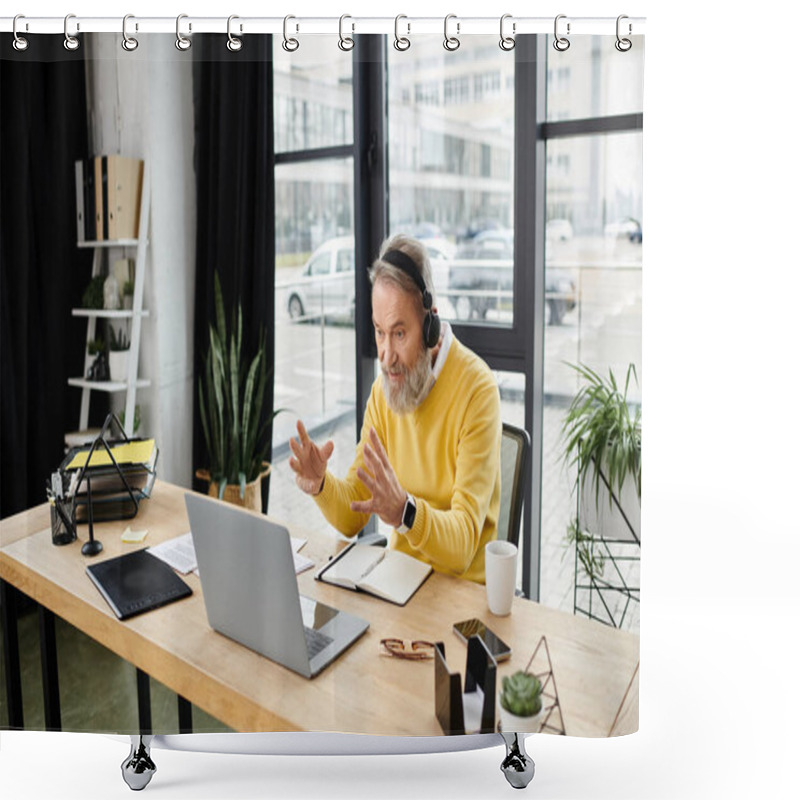 Personality  Handsome Senior Man Actively Participates In An Online Discussion During His Workday. Shower Curtains