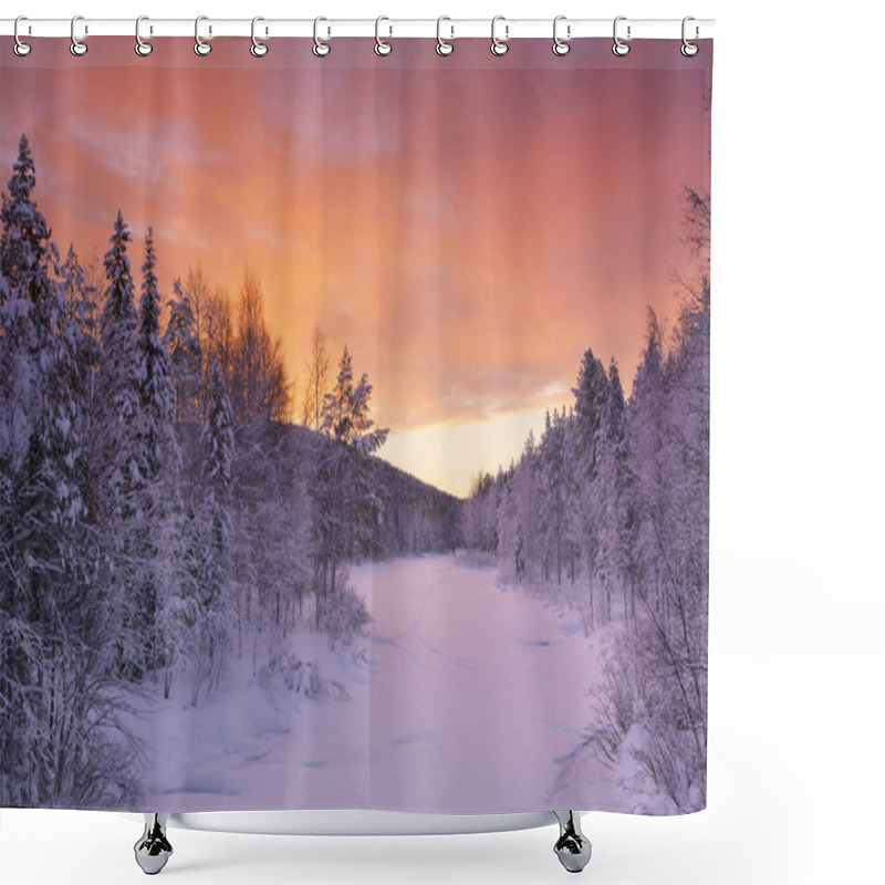 Personality  Sunrise Over A River In Winter Near Levi, Finnish Lapland Shower Curtains