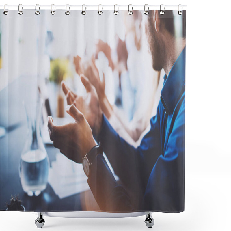 Personality  Close Up View Of Young Business Partners Applauding To Reporter After Listening Speech At Seminar. Professional Education, Work Meeting, Presentation Or Coaching Concept.Horizontal,blurred Background. Shower Curtains