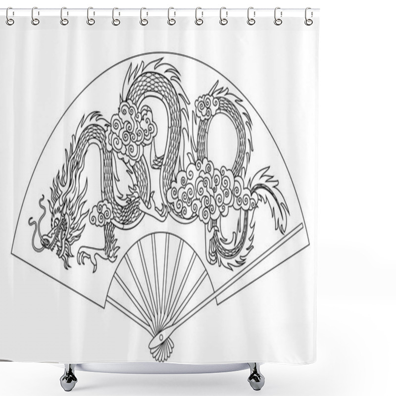 Personality  Chinese Fan With Decorative Gragon Isolated On White. Linear Drawing For Coloring Book. Vector Illustration Shower Curtains