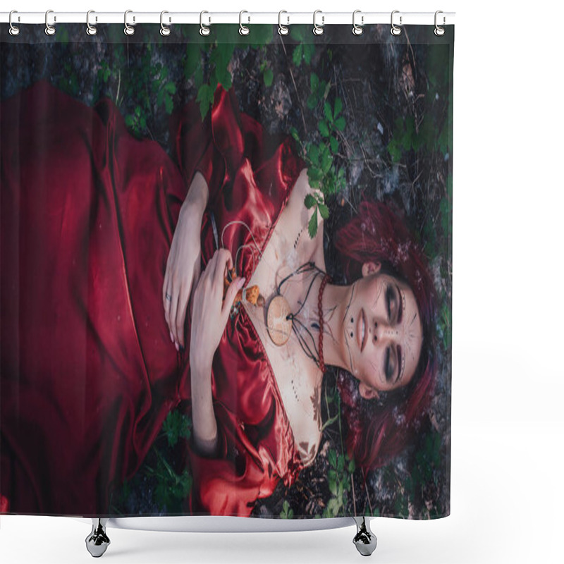 Personality  Girl In Red And Red Hair In The Form Of A Druid In Apple Trees Shower Curtains