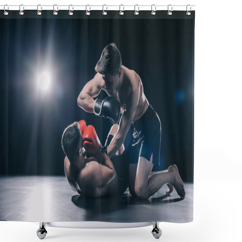 Personality  Shirtless Strong Mma Fighter In Boxing Gloves Standing On Knees Above Opponent And Punching Him With Elbow Shower Curtains