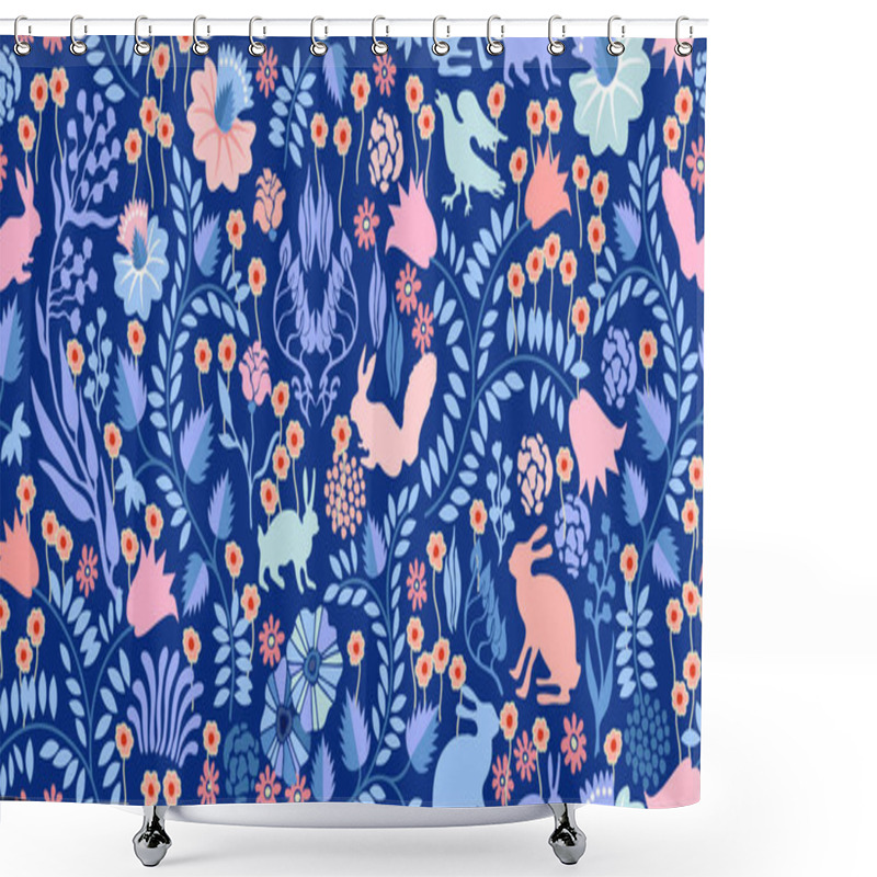 Personality  Seamless Vector Pattern With Hares, Squirrels, Flowers And Trees. Shower Curtains