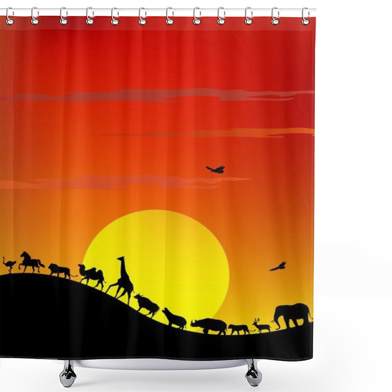 Personality  Silhouette Of Safari Animal Wildlife With Giant Sun Background Shower Curtains