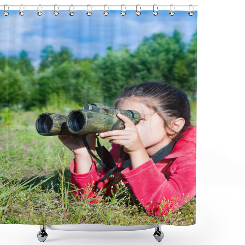 Personality  Girl Young Researcher Exploring With Binoculars Environment Shower Curtains