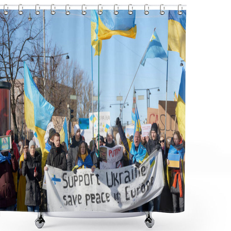 Personality  Helsinki, Finland - February 26, 2022: Demonstrators In A Rally Against Russias Military Actions And Occupation In Ukraine March In Mannerheimintie In Downtown Helsinki. Shower Curtains