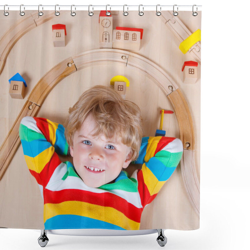 Personality  Little Blond Child Playing With Wooden Railroad Trains Indoor Shower Curtains