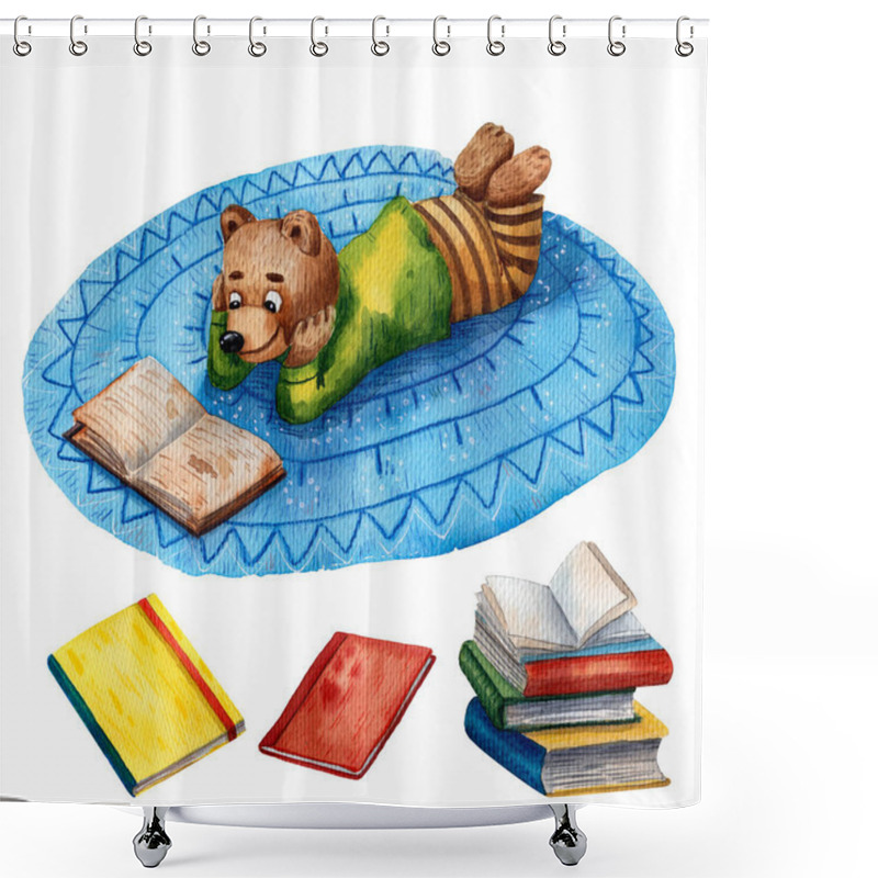 Personality  Watercolor Illustration Of Cute Bear. Pupil Character. Elementary School Illustration. Cartoon Style. School Books. Drawing Book Illustration. Little Clever Boy With Books. Children Library. Shower Curtains