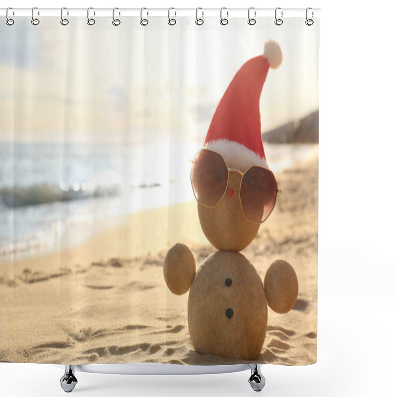 Personality  Snowman Made Of Sand With Santa Hat And Sunglasses On Beach Near Sea, Space For Text. Christmas Vacation Shower Curtains