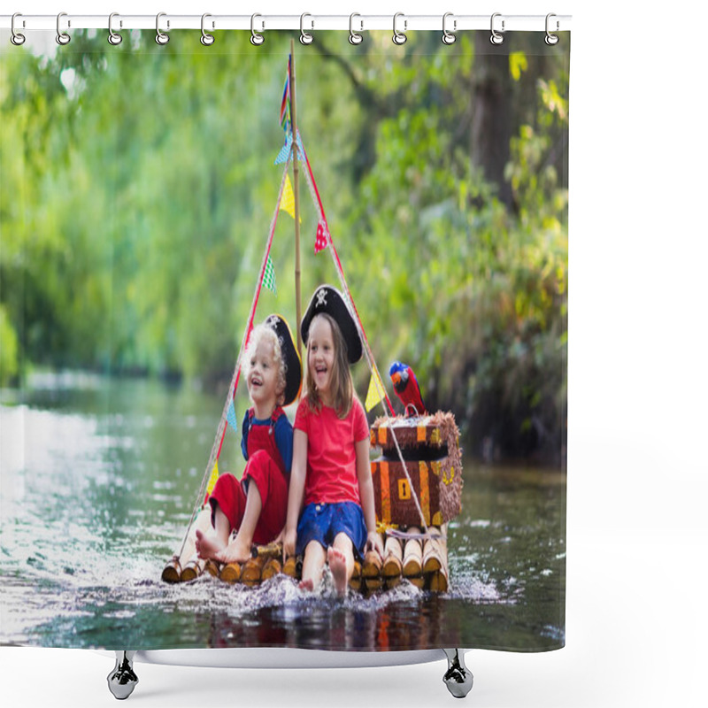 Personality  Kids Playing Pirate Adventure On Wooden Raft Shower Curtains