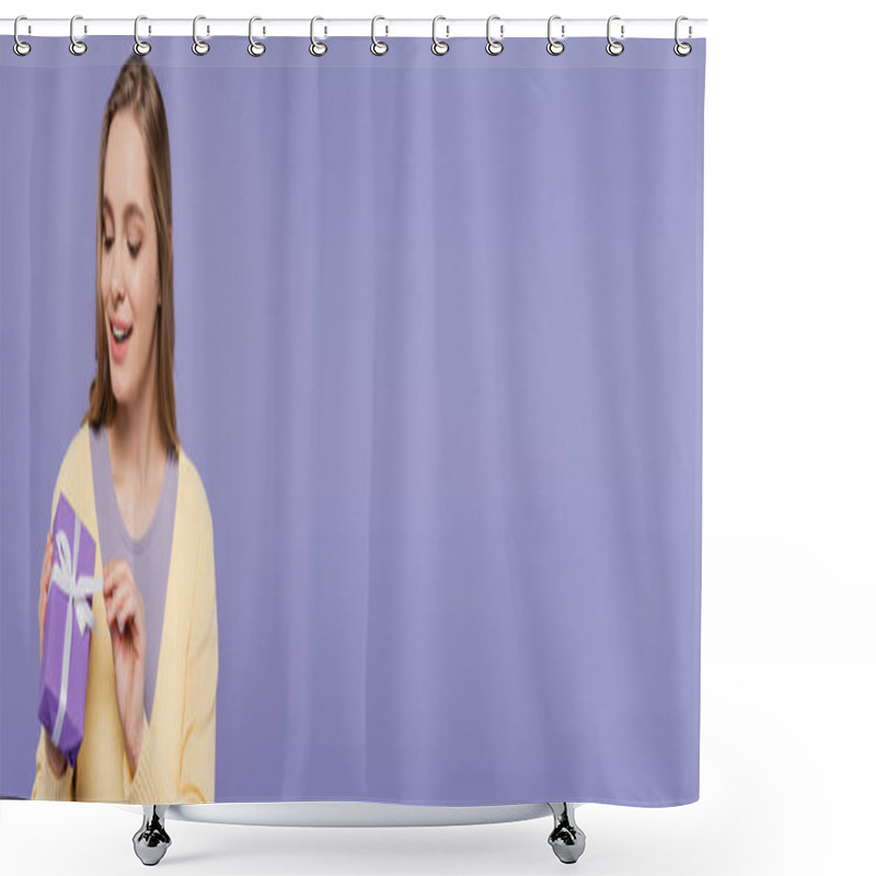 Personality  Happy Young Woman Holding Wrapped Gift Box Isolated On Purple, Banner Shower Curtains