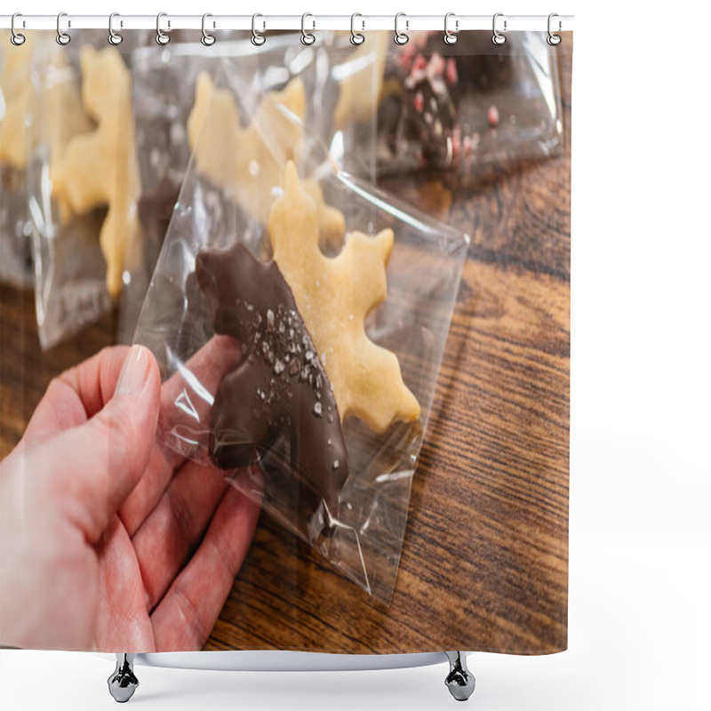 Personality  Carefully Packaging Christmas Cutout Cookies, Half-dipped In Chocolate And Presented In Clear Cellophane Wrapping, Perfect For Festive Gifting. Shower Curtains