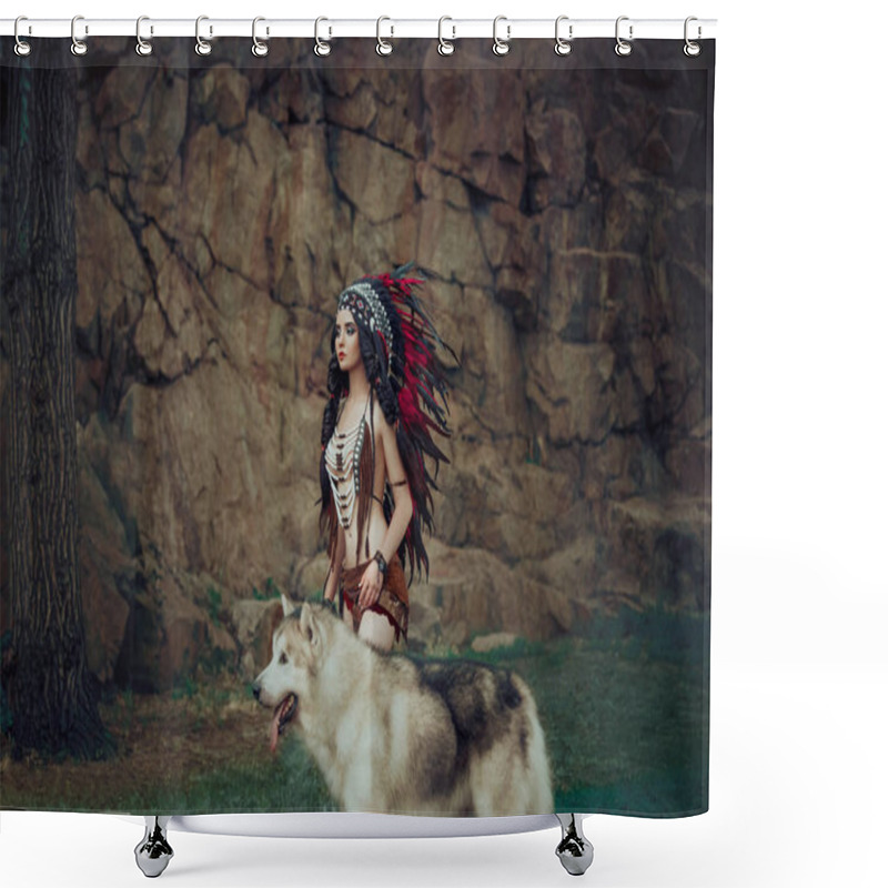 Personality  Native American Indian Woman. A Huntress With A Wolf Walks Through The Canyon, Among The Rocks. The Girl Has Ethnic Decorations. The Great, Big Dog Alaskan Malamute Shower Curtains