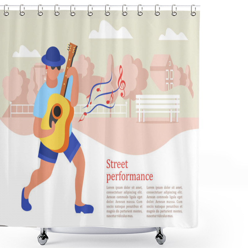 Personality  Street Musician. The Guy Plays The Guitar. Street Performance. Musical Show.  Vector Illustration. Shower Curtains