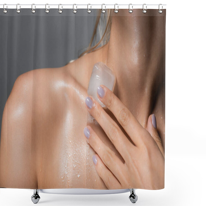 Personality  Partial View Of Woman With Ice Cube Near Wet Body Isolated On Grey Shower Curtains