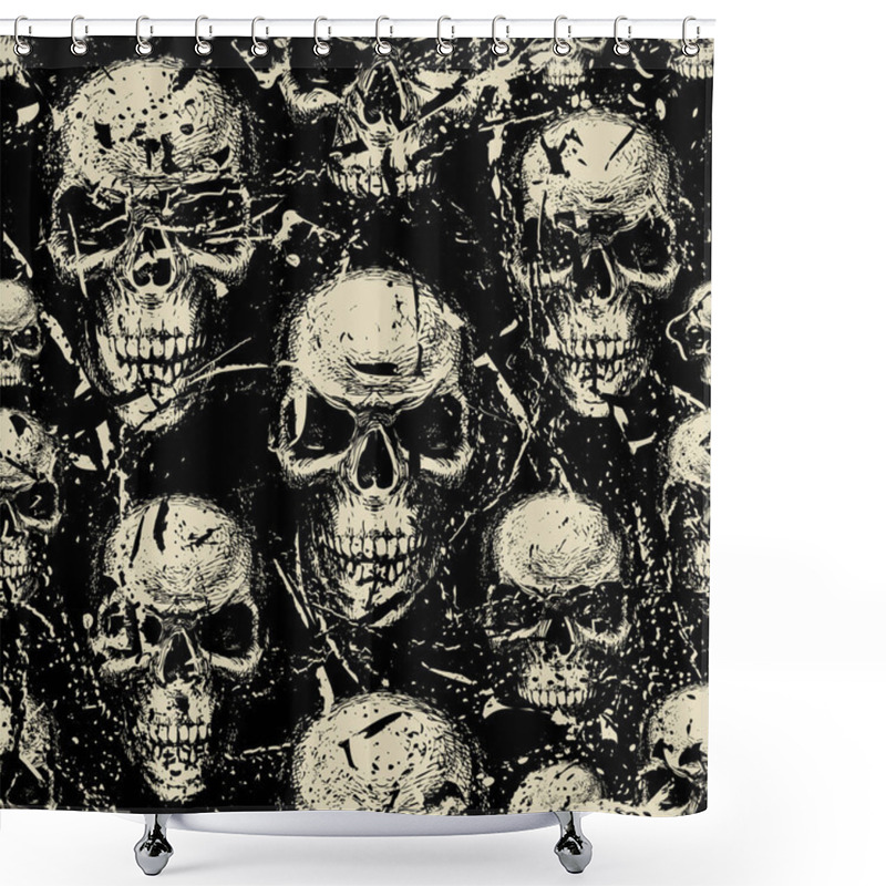 Personality  Seamless Pattern With Hand-drawn Human Skulls In The Grunge Style. Vector Background With Sinister Skulls Looking Out Of The Dark. Graphic Print For Clothing, Fabric, Wallpaper, Wrapping Paper Shower Curtains