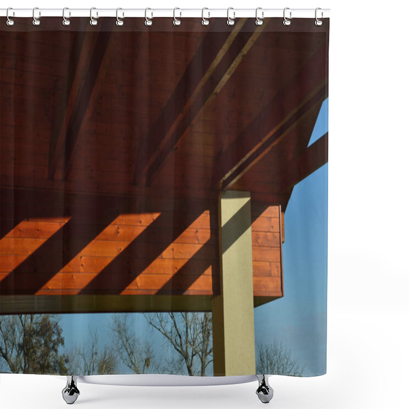 Personality  The Ceiling Of The Open Shed Of The Garage Lined With Wooden Planks. Wooden Siding Is Suitable For Natural Constructions In The Mountains. The Beams Are Visible And Painted Old Pine With A Shiny Color Shower Curtains