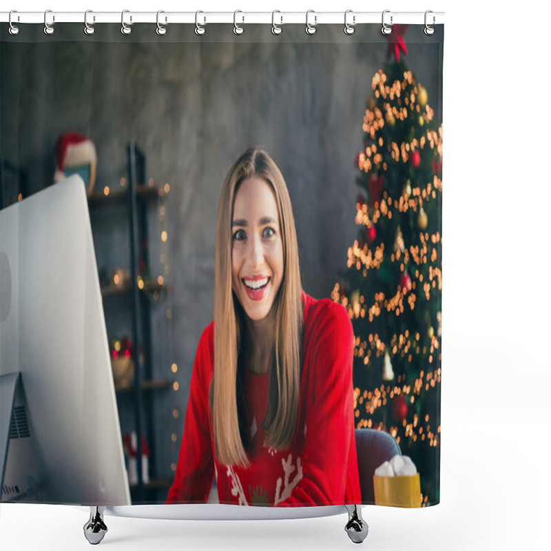 Personality  Photo Of Attractive Young Woman Excited Work Computer Dressed Christmas Outfit Cozy Day Light Home Party Decoration Interior Living Room. Shower Curtains