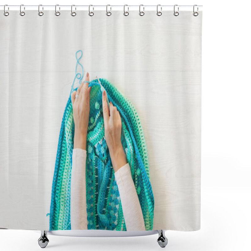 Personality  Women's Hands Are Large. Woman Crochets. Yarn Of Green, Turquois Shower Curtains