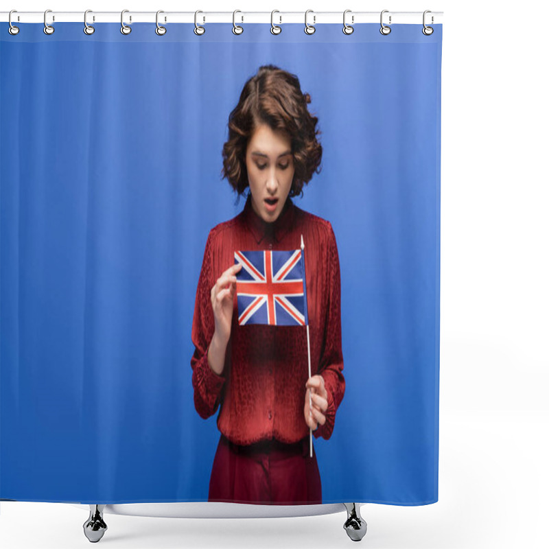 Personality  Shocked Student With Curly Hair Looking At Flag Of United Kingdom Isolated On Blue  Shower Curtains