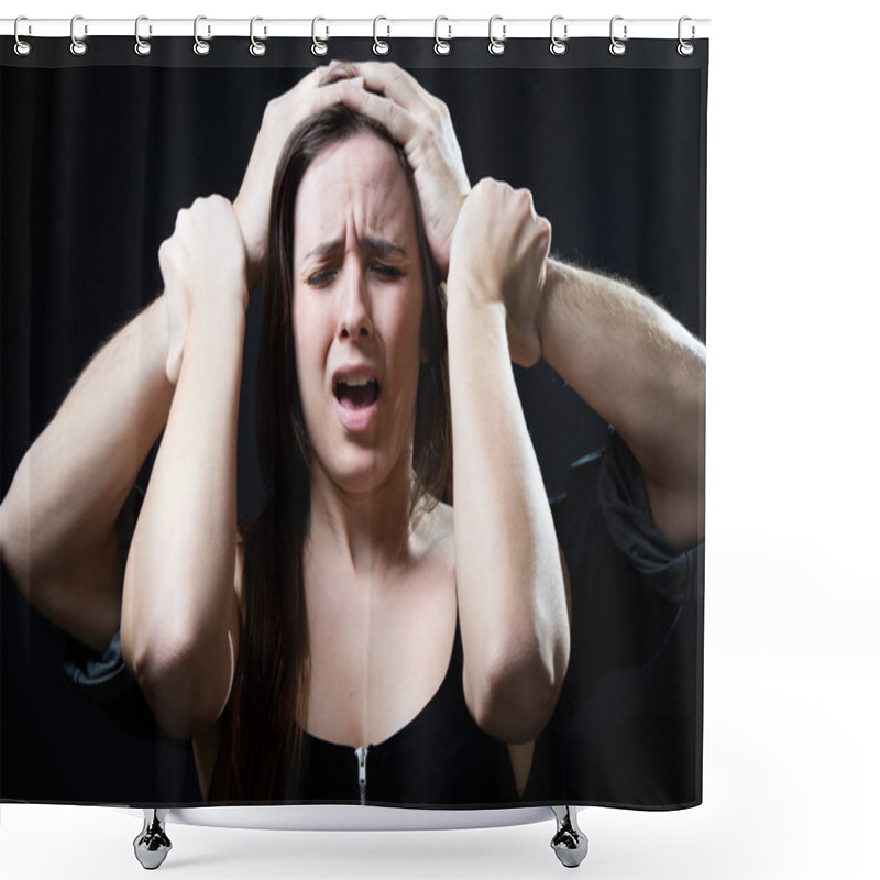 Personality  Young Woman With A Male Hands Pressing Her Head. Concept Of Oppr Shower Curtains