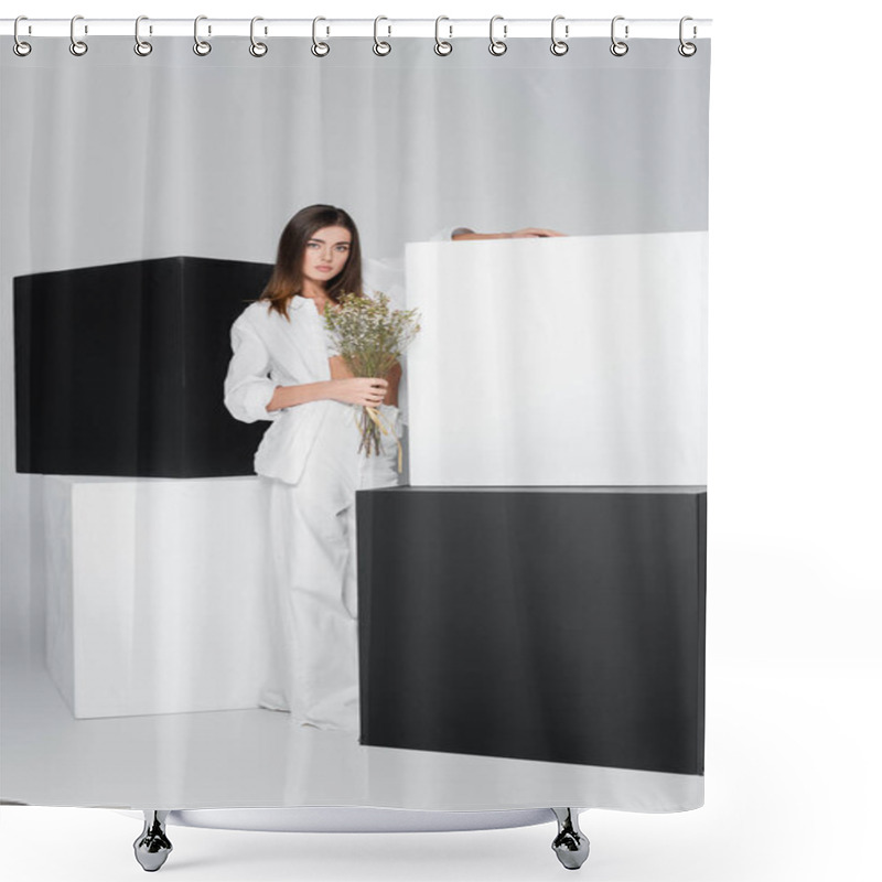 Personality  Brunette Woman With Flowers Standing Near Black And White Cubes On Grey Background Shower Curtains