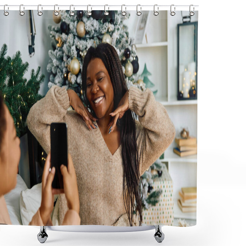 Personality  Two Women Share Smiles And Laughter While Enjoying A Cozy Moment In A Festive Atmosphere. Shower Curtains