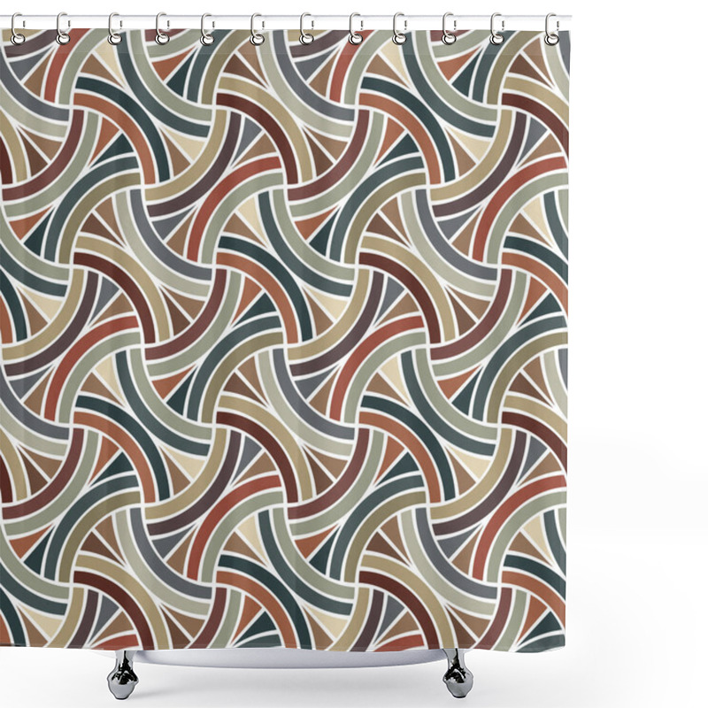 Personality  Modular Composition With Geometric Striped Curved Green, Brown, And Beige Shapes, Outlined With Thin White Lines. Traditional Asian Motif. Retro Colorful Design With A Seamless Repeating Pattern.  Shower Curtains