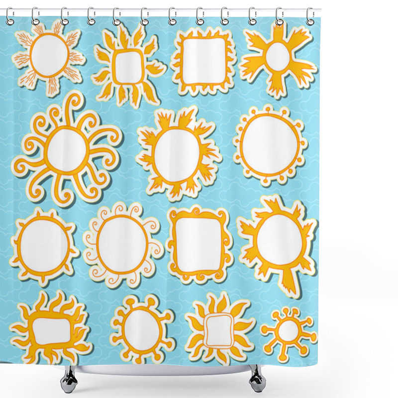 Personality  Suns, Kids And Babies Style Photo Art Frames, Blue Background With Geometric Clouds Shower Curtains