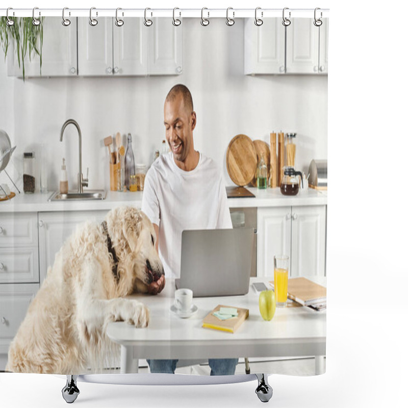 Personality  A Disabled African American Man Sits At A Table With A Laptop, Accompanied By His Loyal Labrador Retriever. Shower Curtains