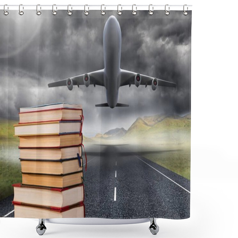 Personality  Books Stacked By Plane Take Off Runway Shower Curtains