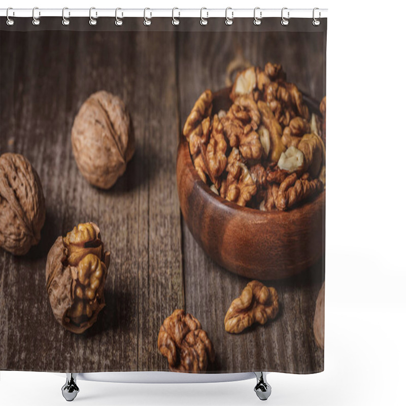 Personality  Close Up View Of Walnuts In Bowl On Wooden Surface Shower Curtains