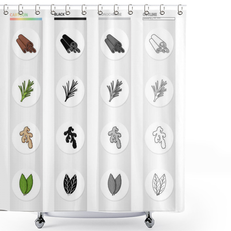 Personality  Cinnamon Bark, Spicy Rosemary, Ginger Root, Bay Leaf. Spices Set Collection Icons In Cartoon Black Monochrome Outline Style Vector Symbol Stock Illustration Web. Shower Curtains