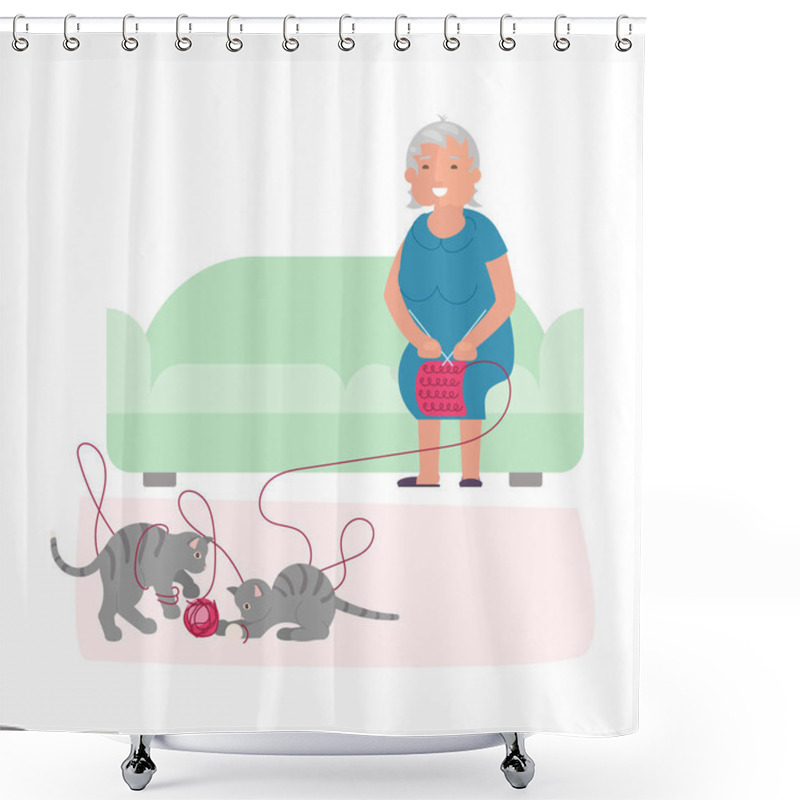 Personality  Old Woman And Cute Gray Kittens Shower Curtains