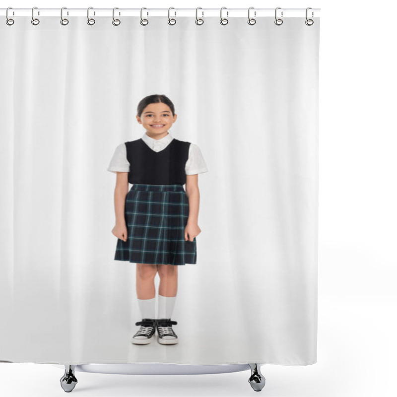 Personality  Full Length, Happy Schoolkid In Uniform Standing And Looking At Camera On White, Girl In Skirt Shower Curtains