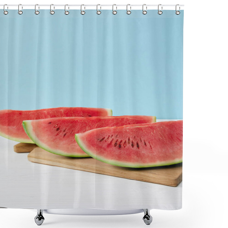 Personality  Close Up View Of Arranged Watermelon Slices On Cutting Board On White Surface On Blue Backdrop Shower Curtains