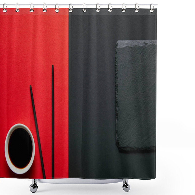 Personality  Top View Of Soya Sauce In Bowl, Chopsticks And Slate Plate On Red And Black Background  Shower Curtains