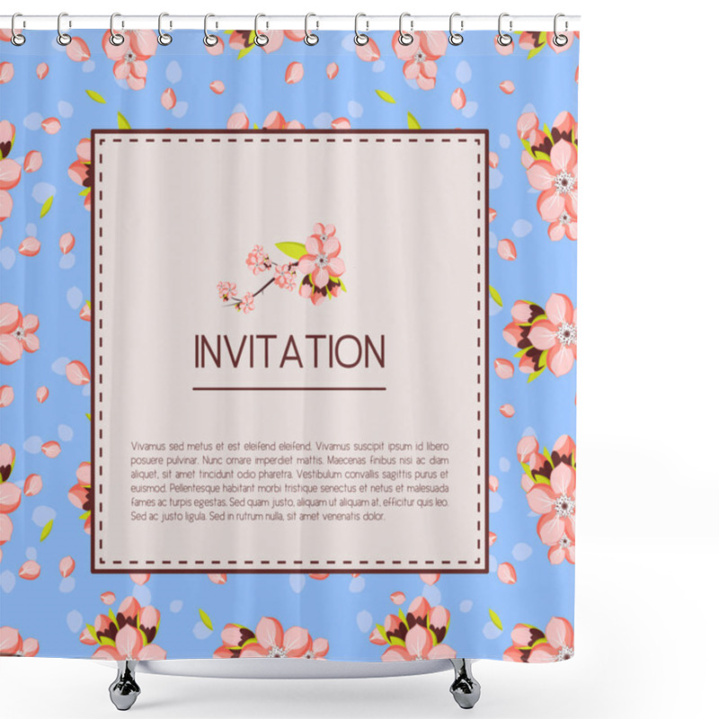 Personality  Beautiful Invitation Or Greeting Card Template With Pink Almond Flowers. Vector Illustration In A Vintage Style Shower Curtains