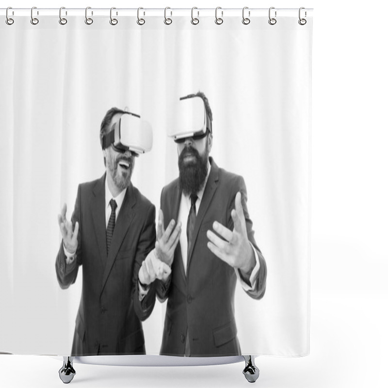 Personality  Working With Innovative Technologies. Virtual Reality. Partnership And Teamwork. Mature Men With Beard In Formal Suit. Businessmen Wear VR Glasses. Modern Technology In Agile Business. Digital Future Shower Curtains