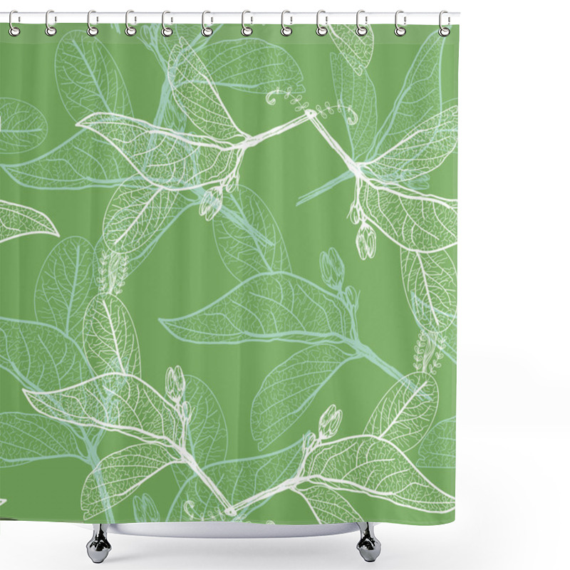 Personality  Leaves Contours On Green Background. Floral Seamless Pattern, Hand-drawn. Vector Shower Curtains