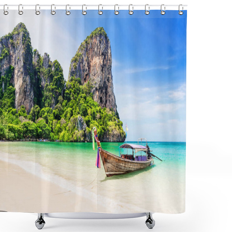 Personality  Thai Traditional Wooden Longtail Boat And Beautiful Sand Beach. Shower Curtains