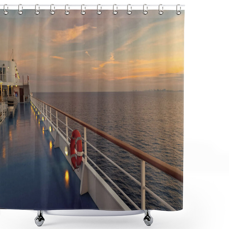 Personality  Lifebuoy At Boat Trip In Twilight. Lifebuoy At Boat Trip View. Lifebuoy At Boat Trip Vacation. Photo Of Lifebuoy At Boat Trip Cruising. Shower Curtains