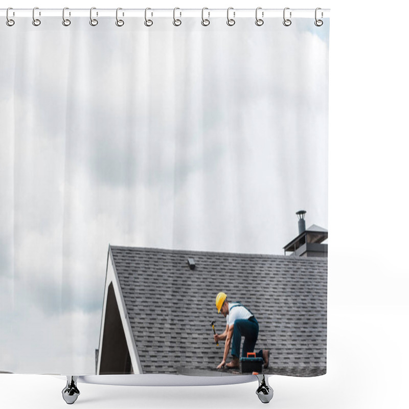 Personality  Repairman In Helmet Holding Hammer While Repairing Roof  Shower Curtains