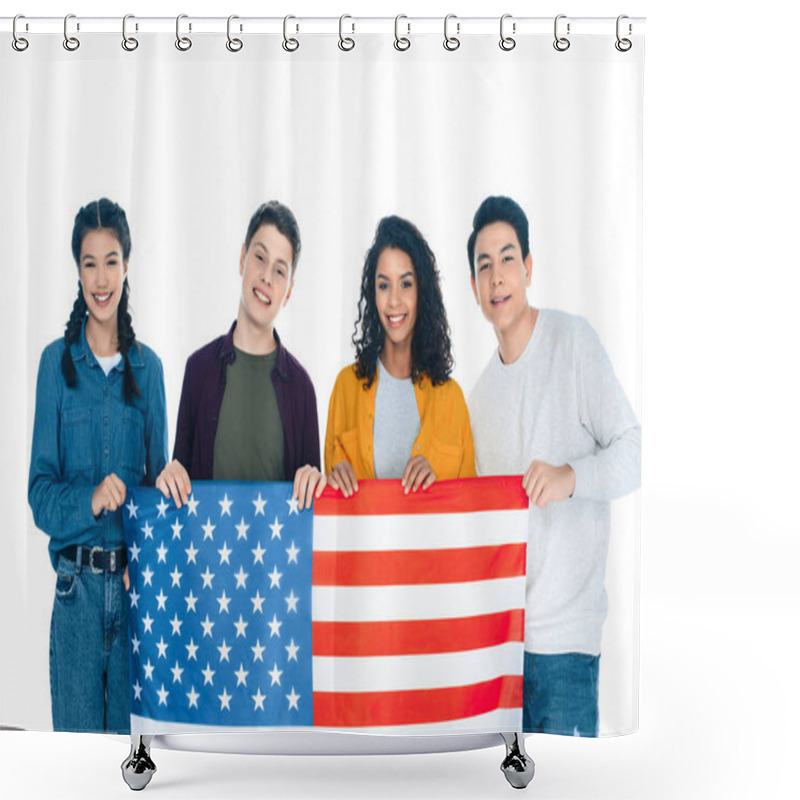 Personality  Group Of Happy Multiethnic Students With Usa Flag Isolated On White Shower Curtains