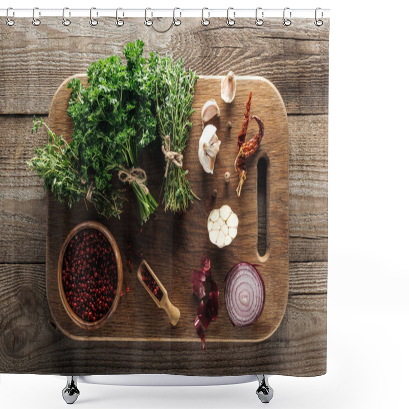 Personality  Top View Of Green Thyme And Parsley On Wooden Chopping Board Near Garlic Cloves, Red Onion, Dried Chili Peppers And Pink Peppercorn On Wooden Brown Table Shower Curtains